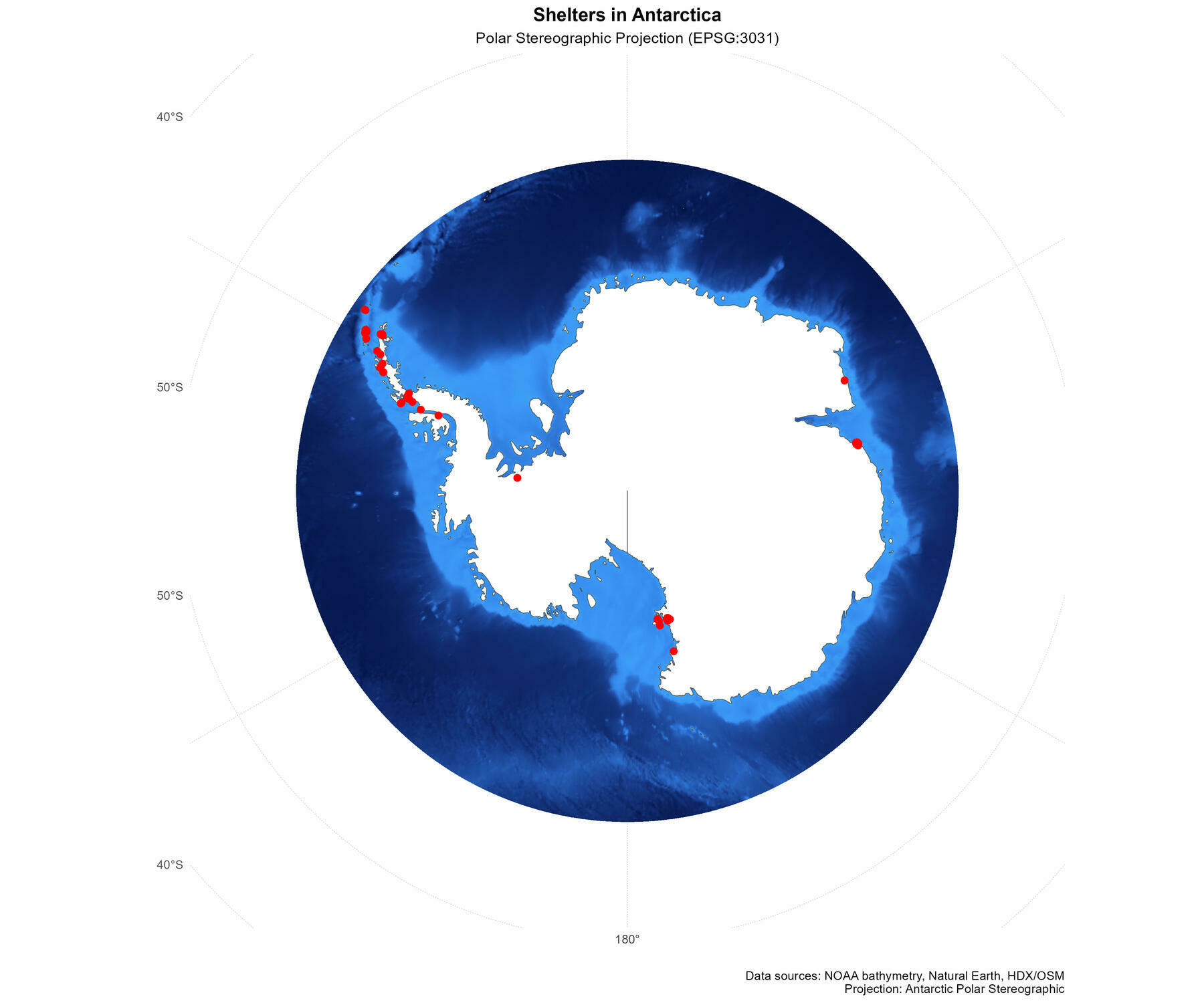 Map of Antarctica showing the locations of shelters across the continent.