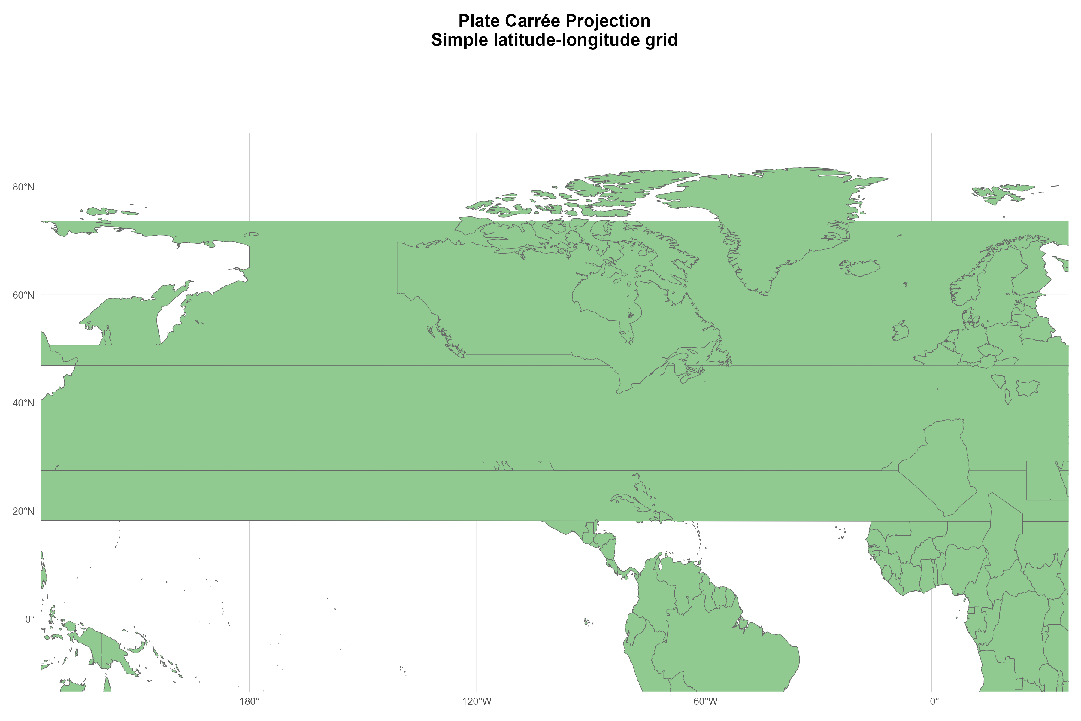Auto-generated description: A world map is displayed using the Plate Carrée projection, featuring a simple latitude-longitude grid.