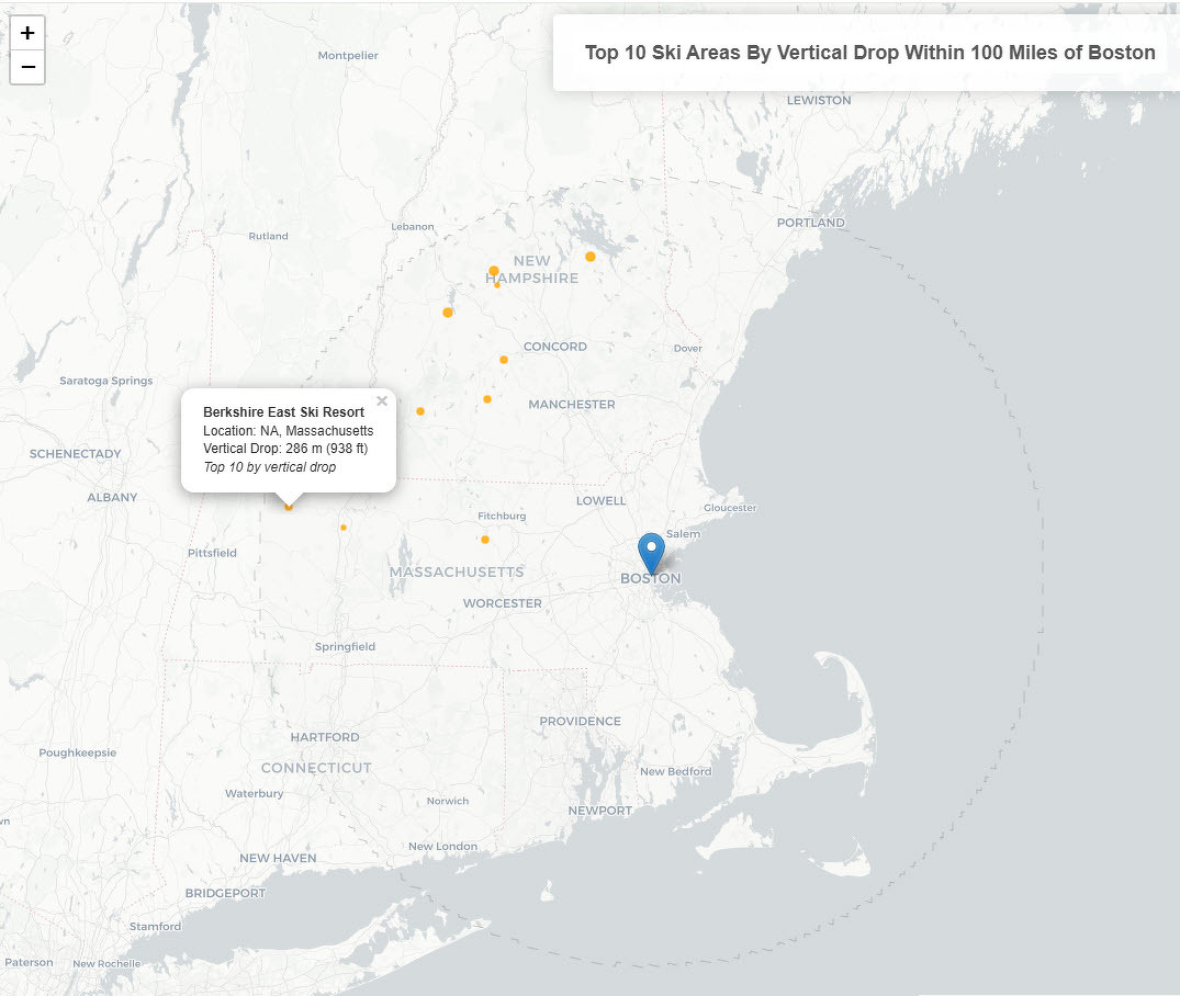 A map shows the top 10 ski areas by vertical drop within 100 miles of Boston, with specific locations marked, Berkshire East Ski Resort is highlighted as an example.