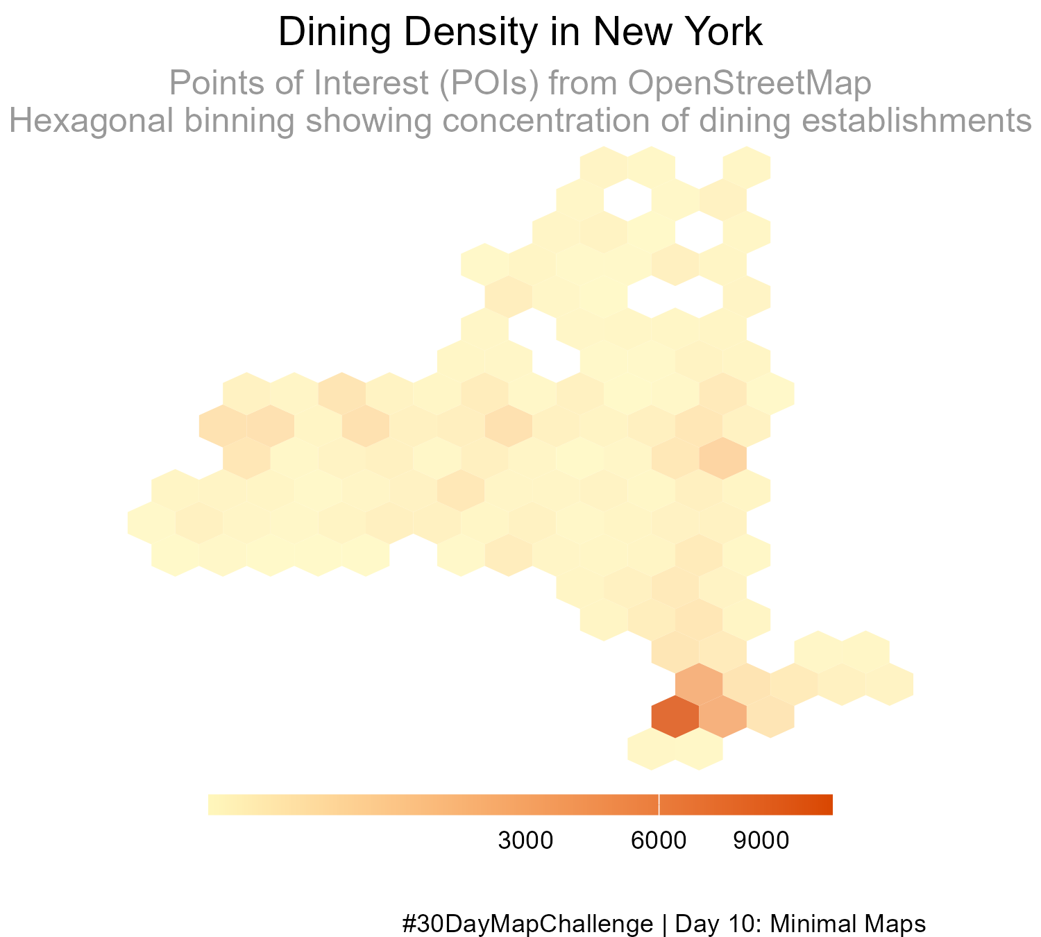 A hexagonal binning map illustrates the concentration of dining establishments in New York, with varying shades representing different densities.